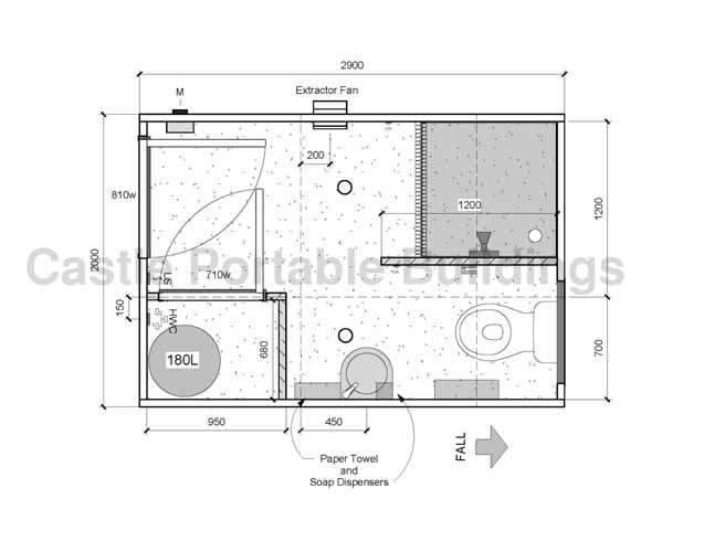 Drawing of an accessible portable toilet with wide doorway, handrails and low‑gradient ramp at an outdoor event in New Zealand.
