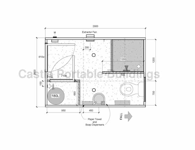 Interior of a portable bathroom unit showing a shower and toilet