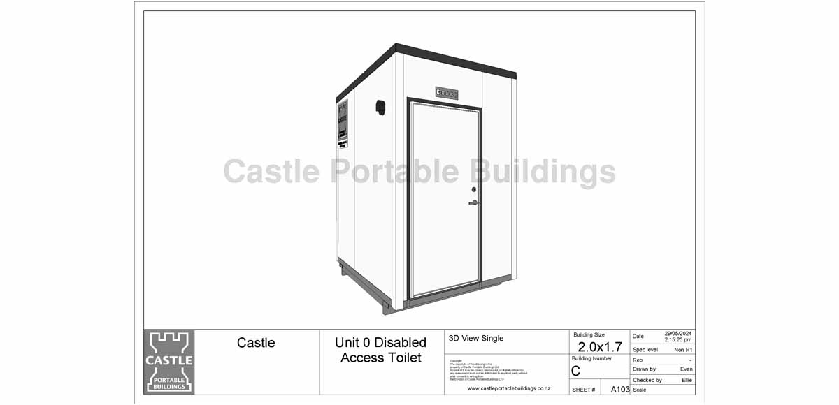 Plan drawing of a disabled-access portable toilet block, Unit 0, measuring 2.0 by 1.7 metres